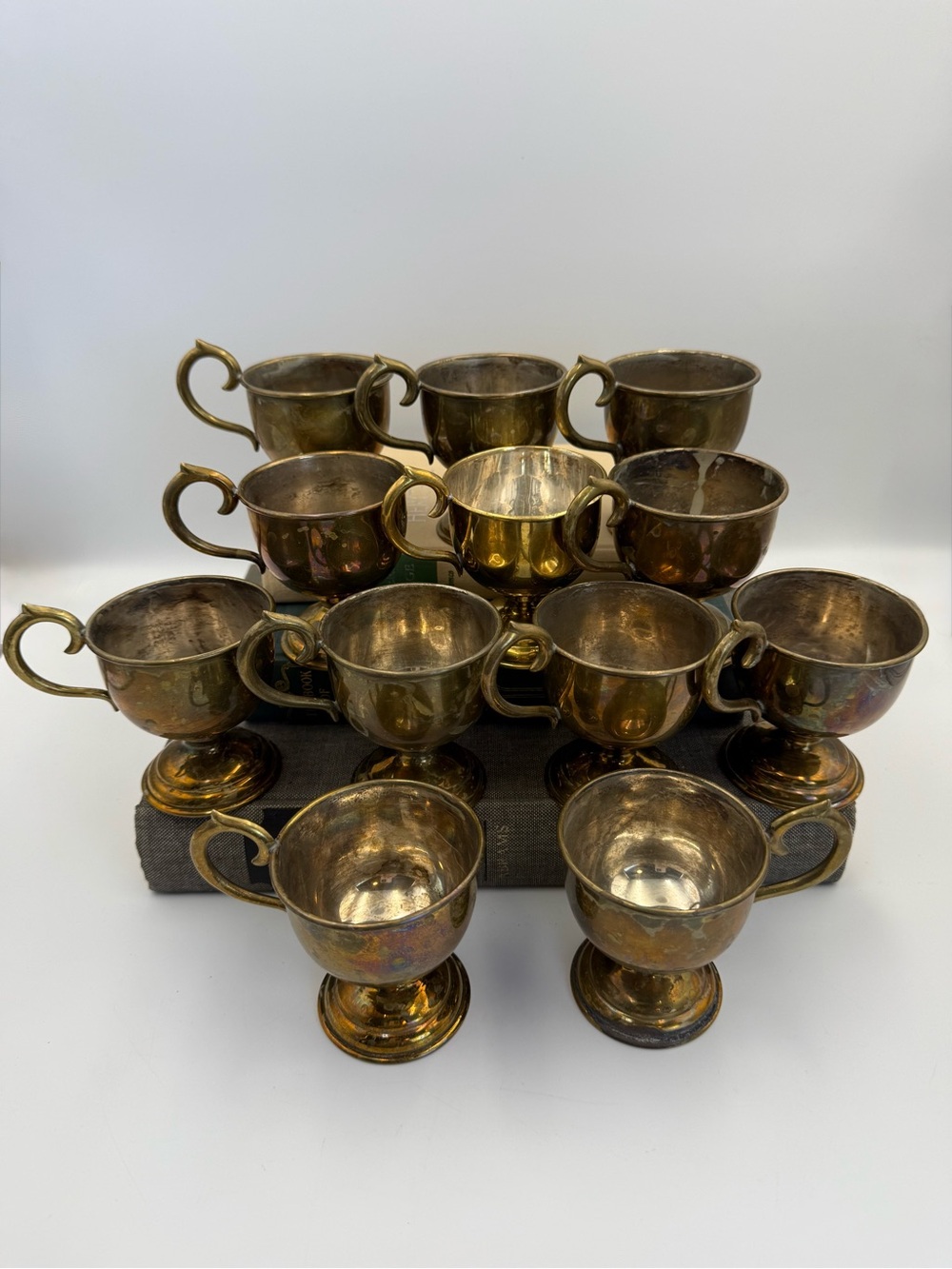 12 Vintage Metal Pedestal Punch Cups (Heavy Patina)